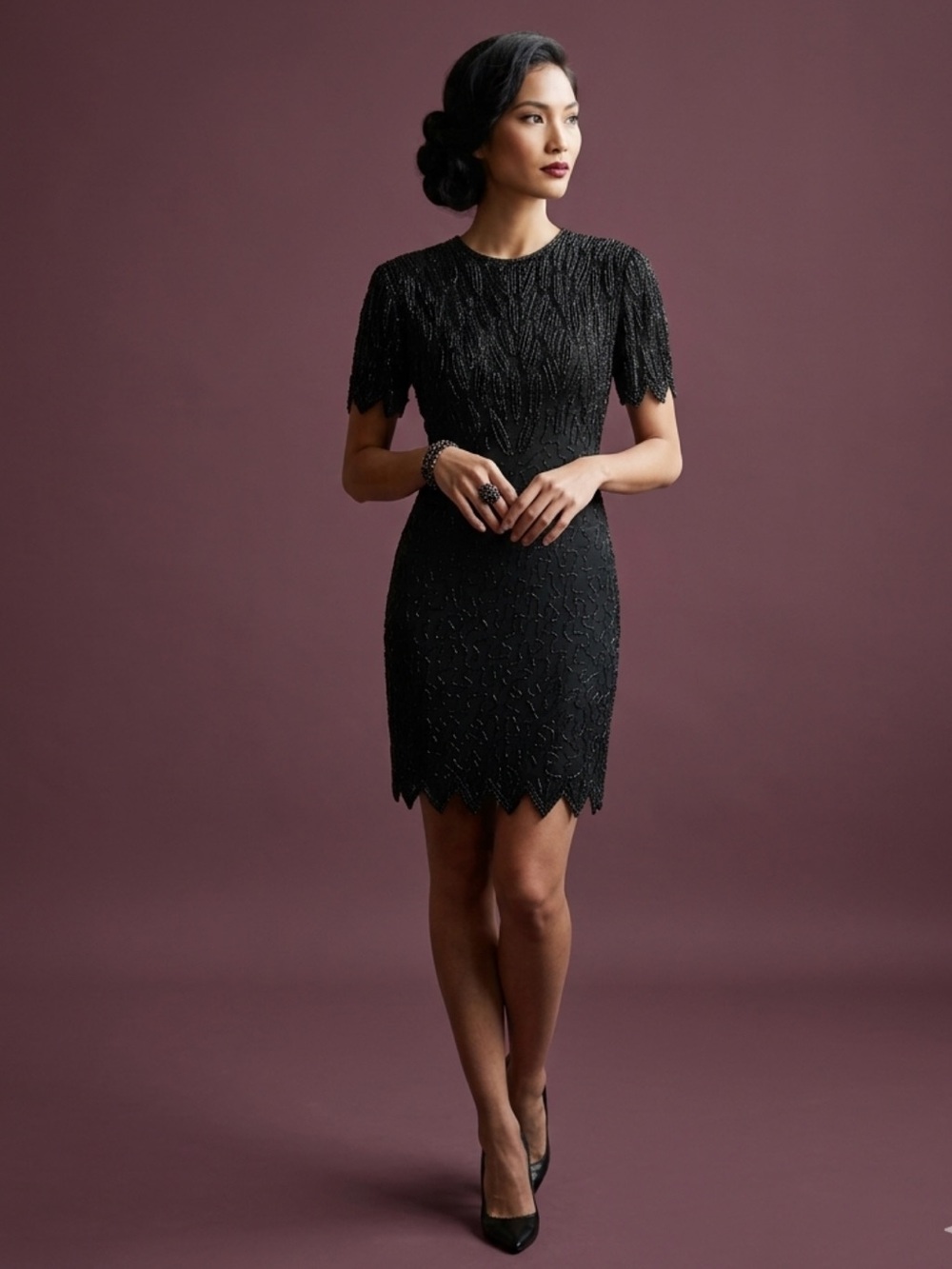 Laurence Kazar silk Vintage Beaded Art Deco Cocktail Dress size S